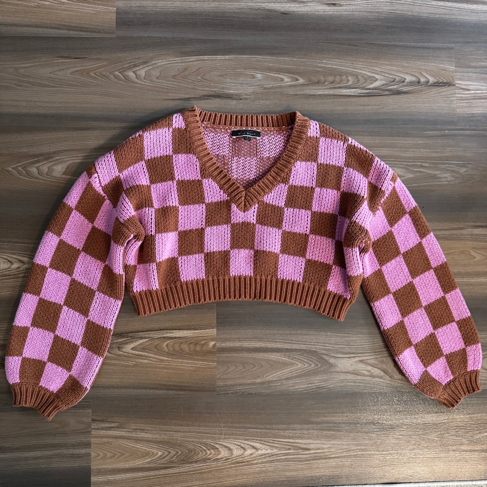 Pink and Brown Checkered Cropped Sweater
